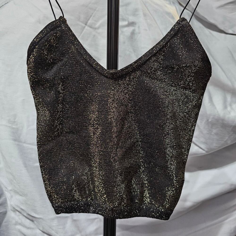 Intimately Free People Metallic Knit‎ Cami Black/Gold Shimmer Crop Tank Strappy